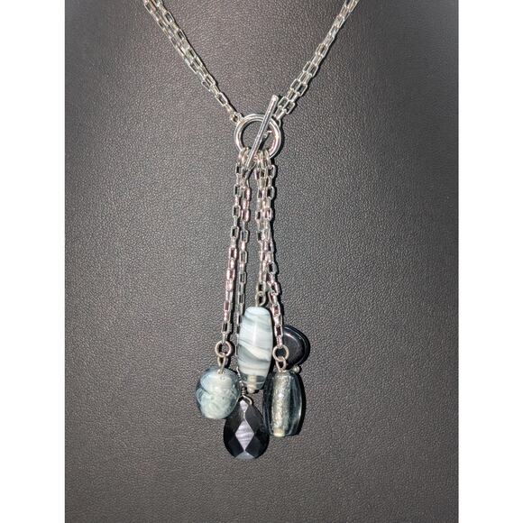 Silver Tone Double Square Link Chain Front Toggle Glass Bead Tassel 17" Necklace - Picture 6 of 7